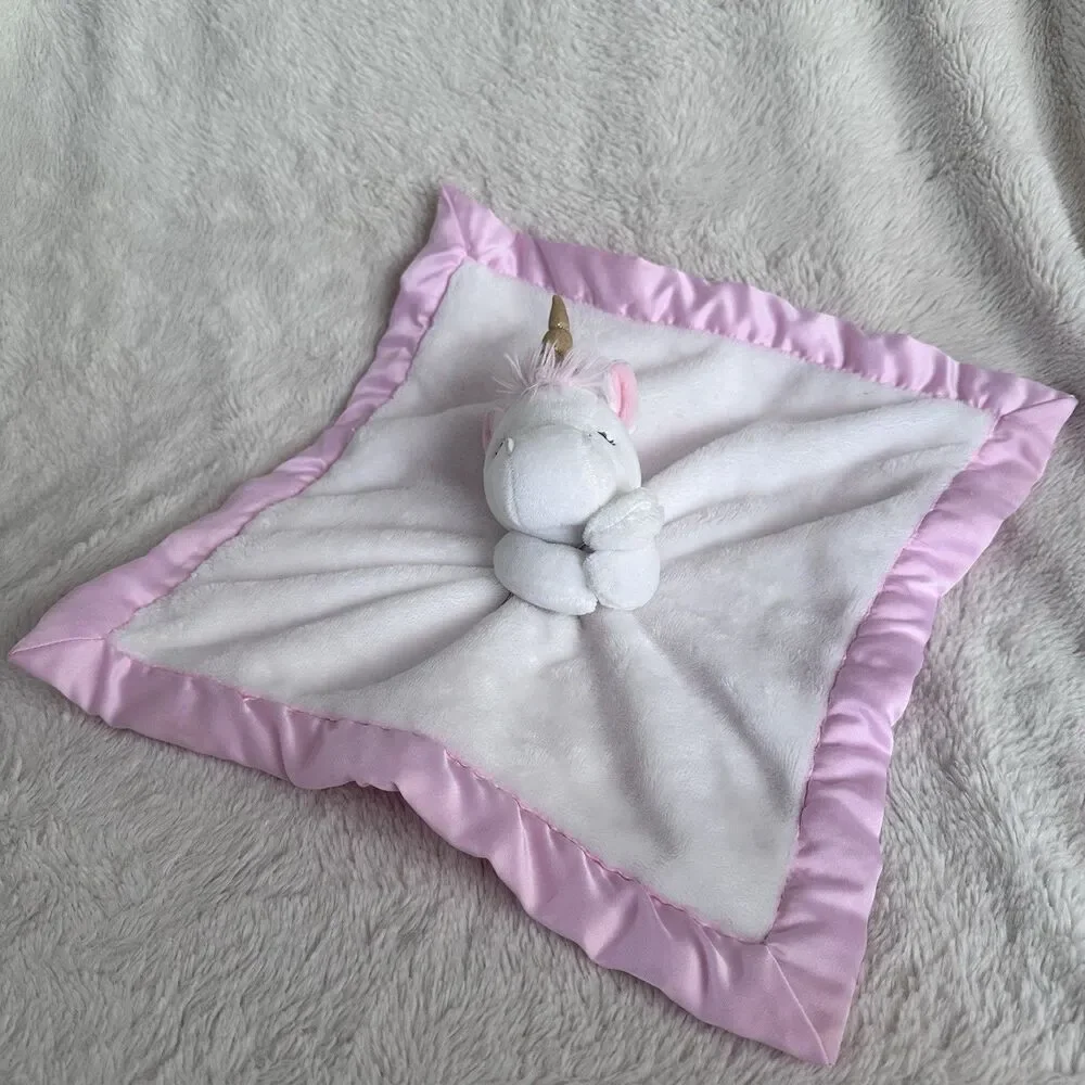 Carters Unicorn Lovey Security Blanket White Pink Satin Trim Baby Plush